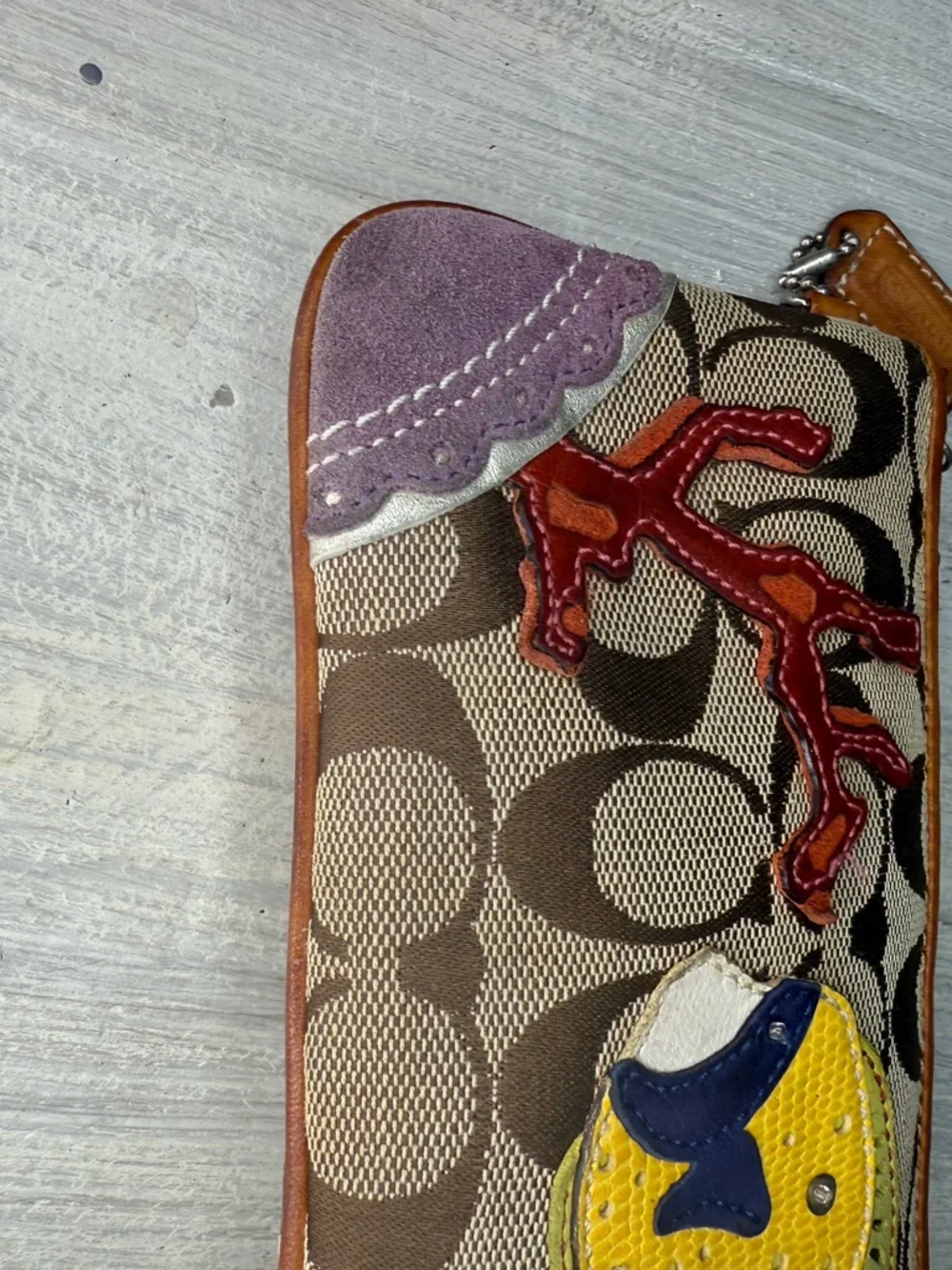 Rare Vintage Coach Canvas Wristlet with Fish Applique - Tan & Yellow